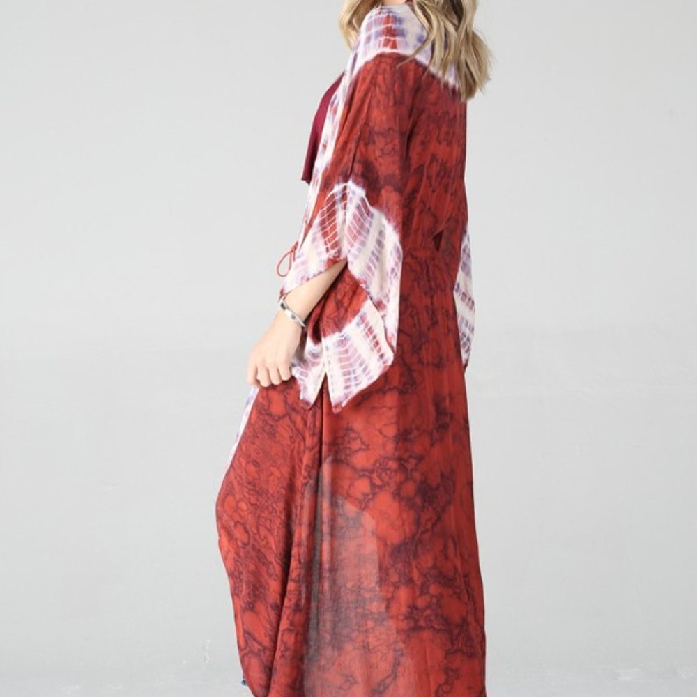 5⭐️!! NWT Boho Tie Dye Kimono Duster Red/White Small - Picture 6 of 12